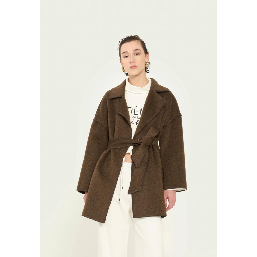 Vicario Cinque Wollen Overjas met Revers en Tailleband Brown Dames