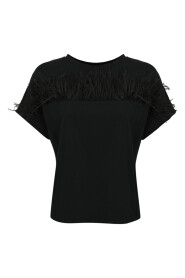 Koszulka damska z piórami: Krótkie rękawy, okrągły dekolt, regularny krój, czarny