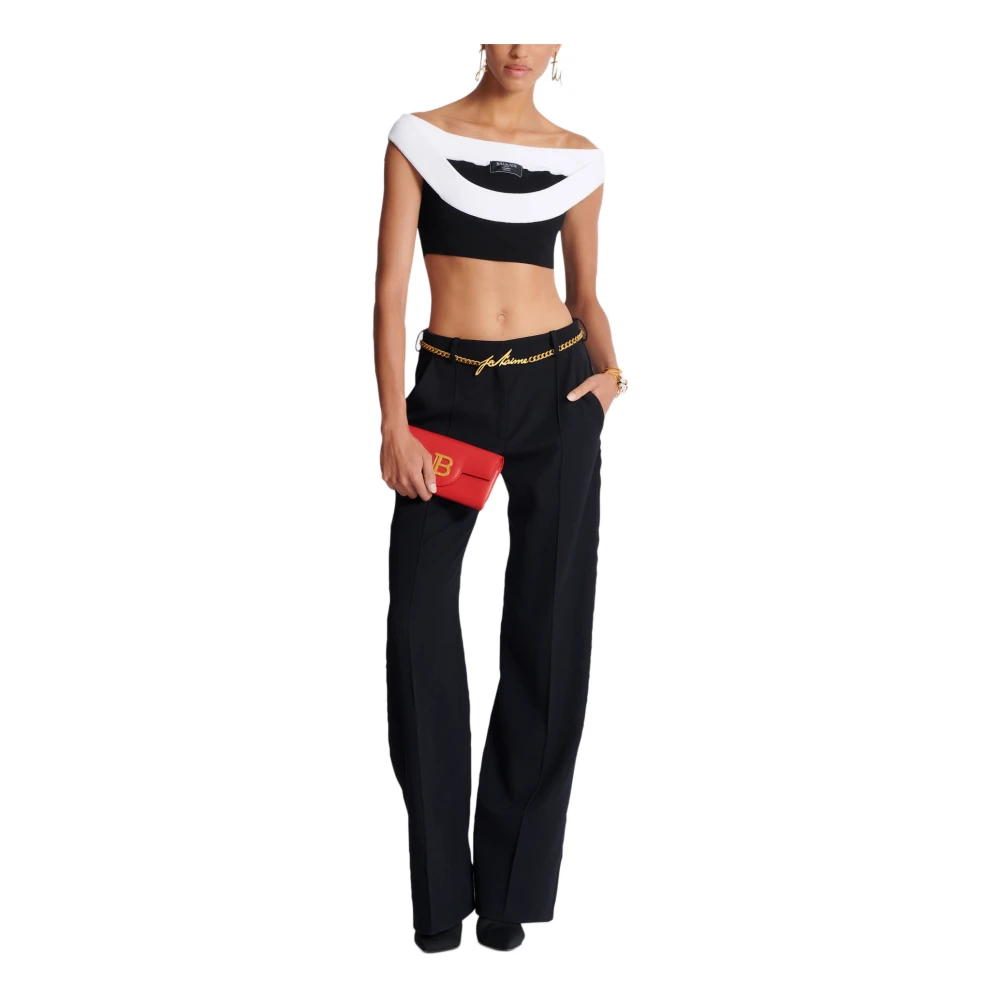 Balmain Tweekleurige gebreide cropped top met dubbele halslijn White Dames