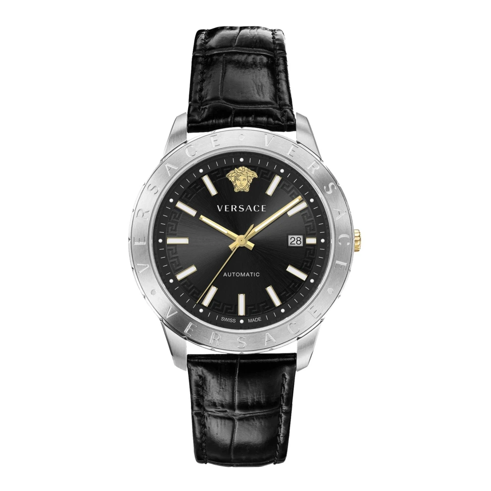 Versace Men's Gray Leather Strap Date Window Watch