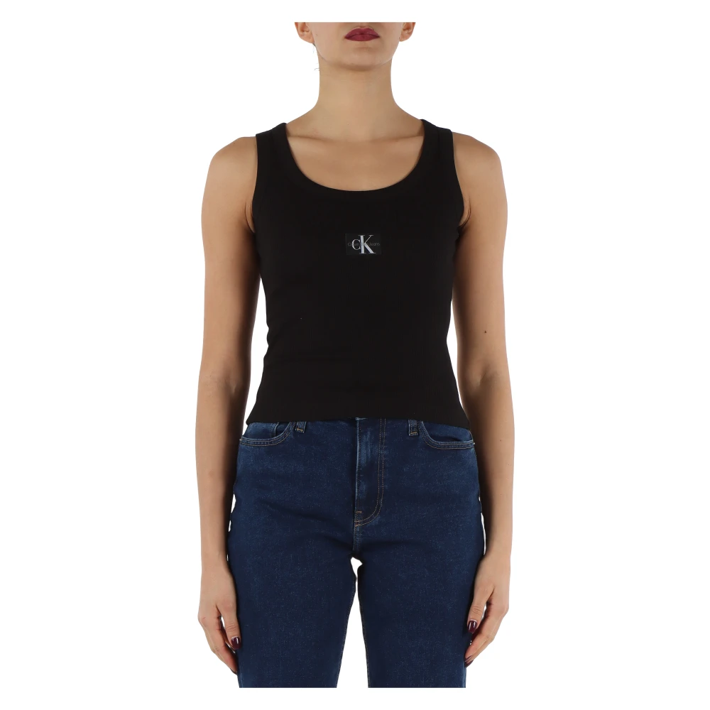 Calvin Klein Jeans Geknipt Katoenen Shirt met Voorlogo Patch Black Dames