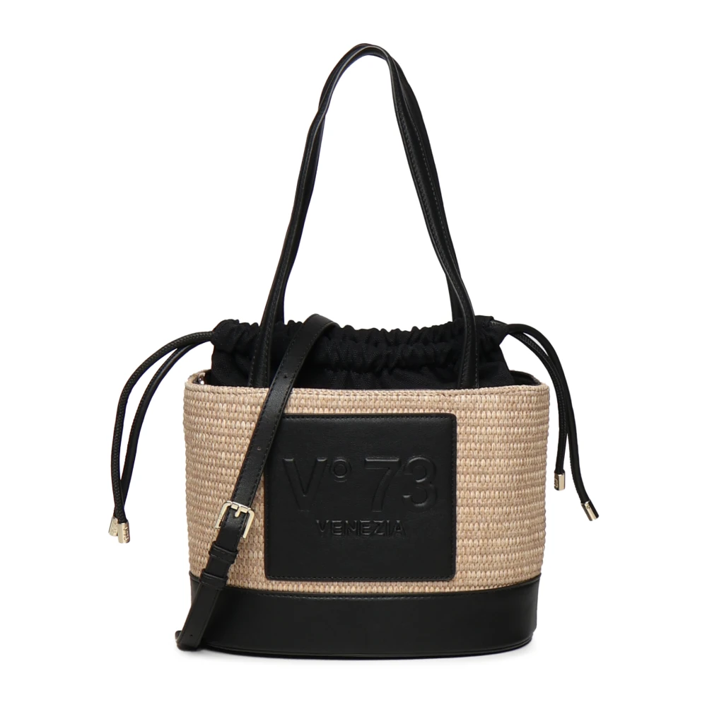V73 Zwarte Stro Mand Tas met Trekkoord Black Dames