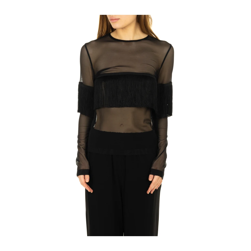 Norma Kamali Zwarte Franje Lange Mouw Jurk Black Dames