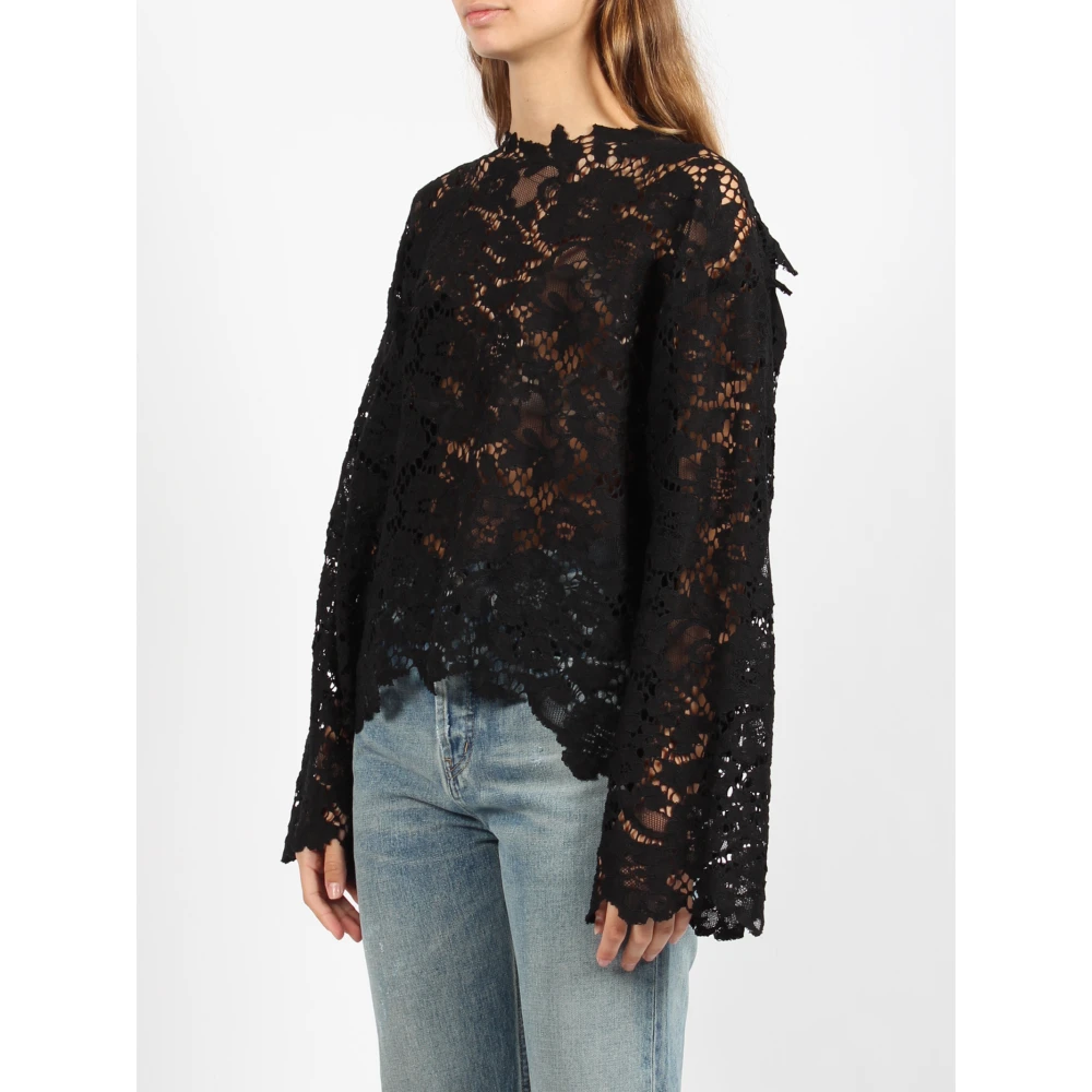 Nude Macramé kanten blouse met lange mouwen Black Dames