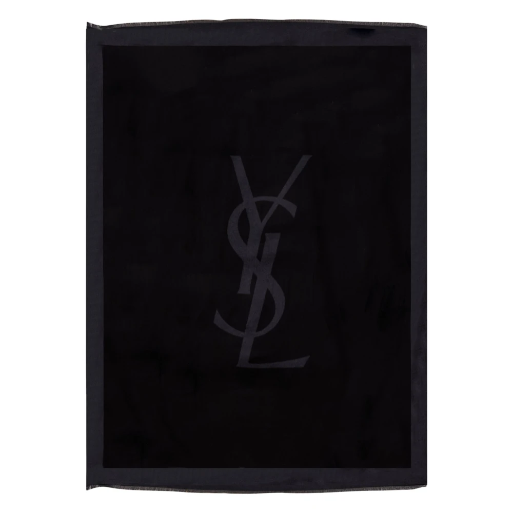 Saint Laurent Black Winter Scarves, Male, One Size, Silk Plaid Scarf With Fringes