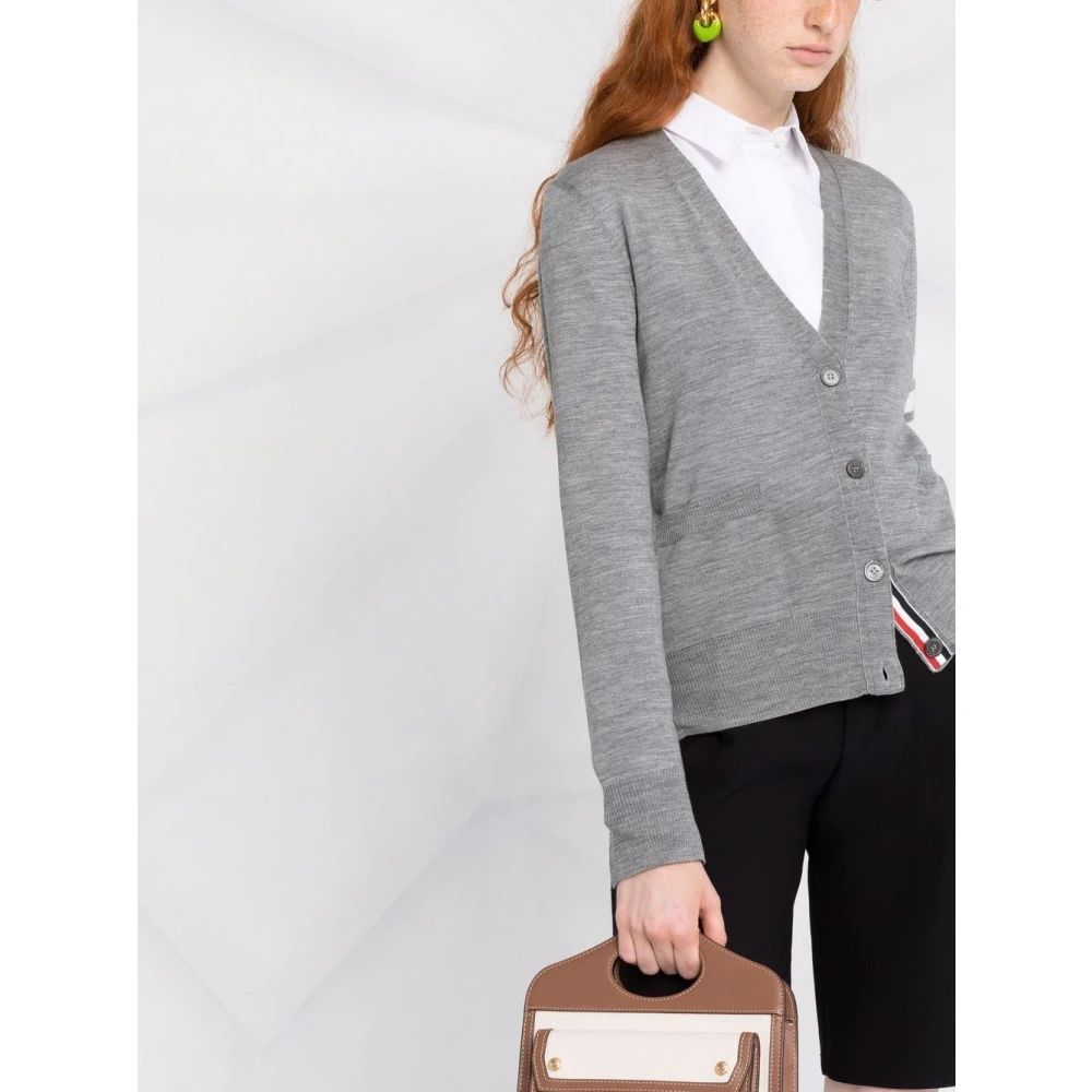 Thom Browne Grijze Wollen Cardigan met 4-Bar Intarsia Gray Dames