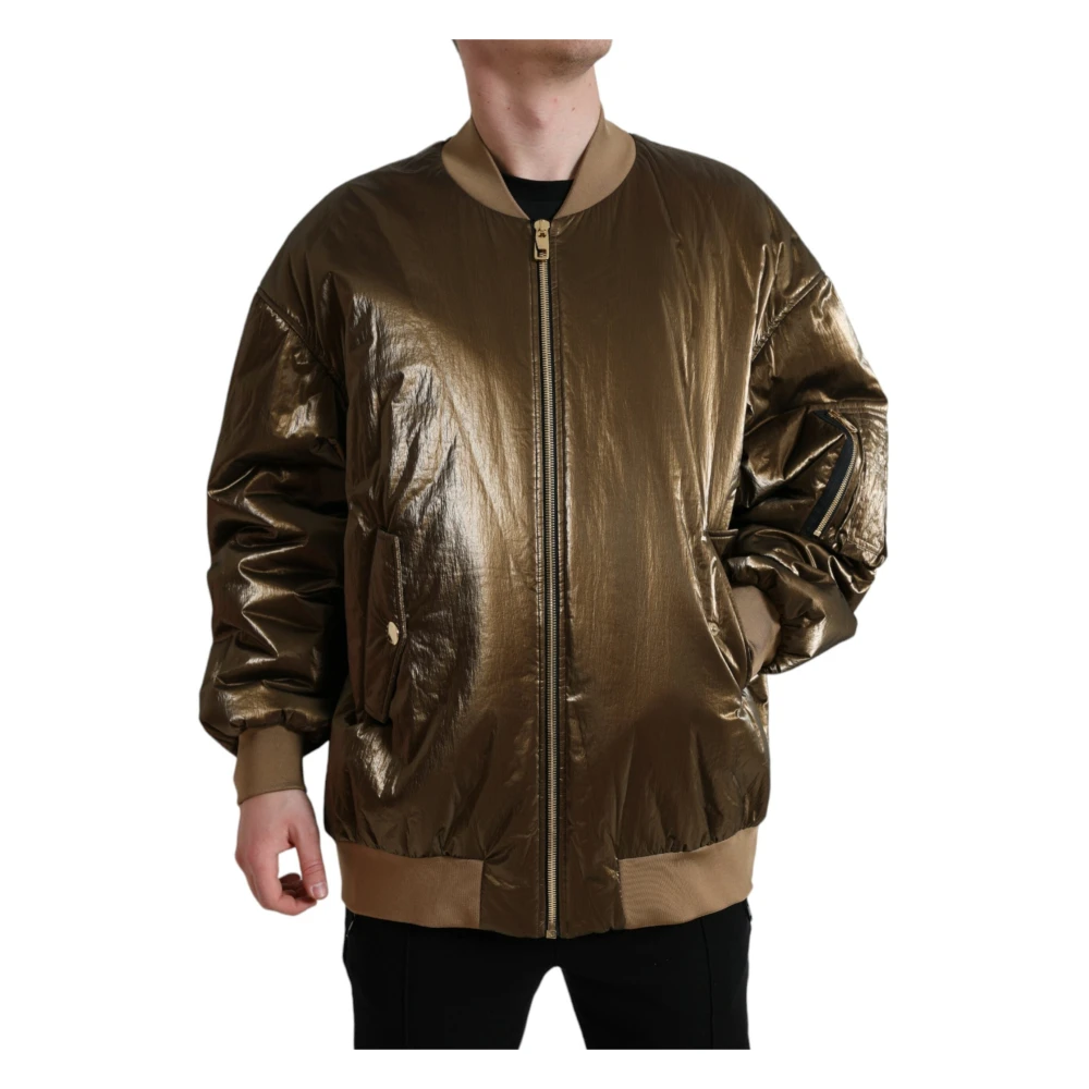Dolce & Gabbana Bronzen Nylon Full Zip Bomber Jas Yellow Heren