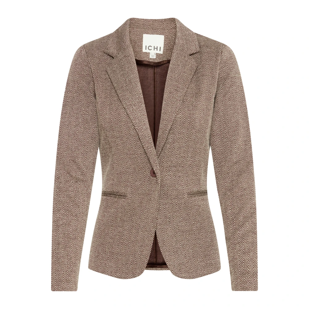 Ichi Elegante Jacquard Blazer Jas Herringbone Gray Dames