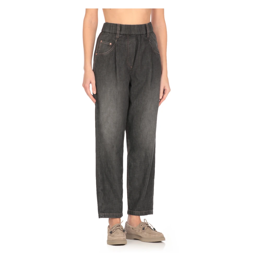 BRUNELLO CUCINELLI Grijze Katoenen Jeans met Elastische Taille Gray Dames