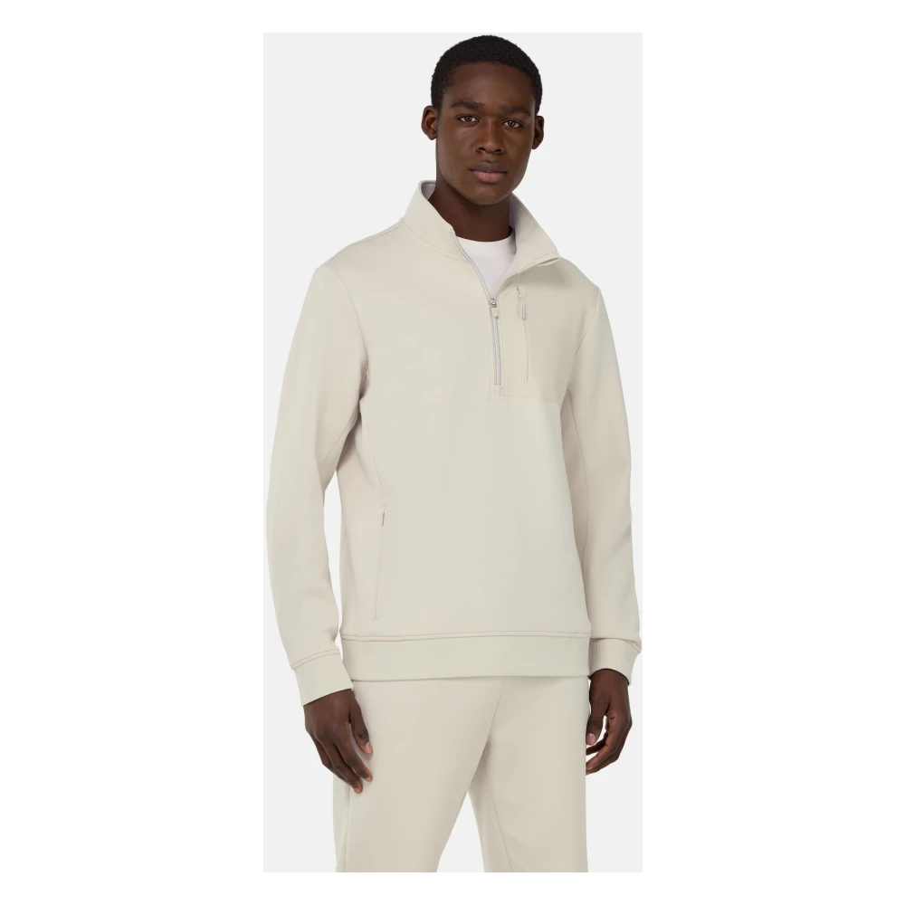 Boggi Milano Half-Zip Hoodie in Lichtgewicht Katoenen Scuba Mix Beige Heren