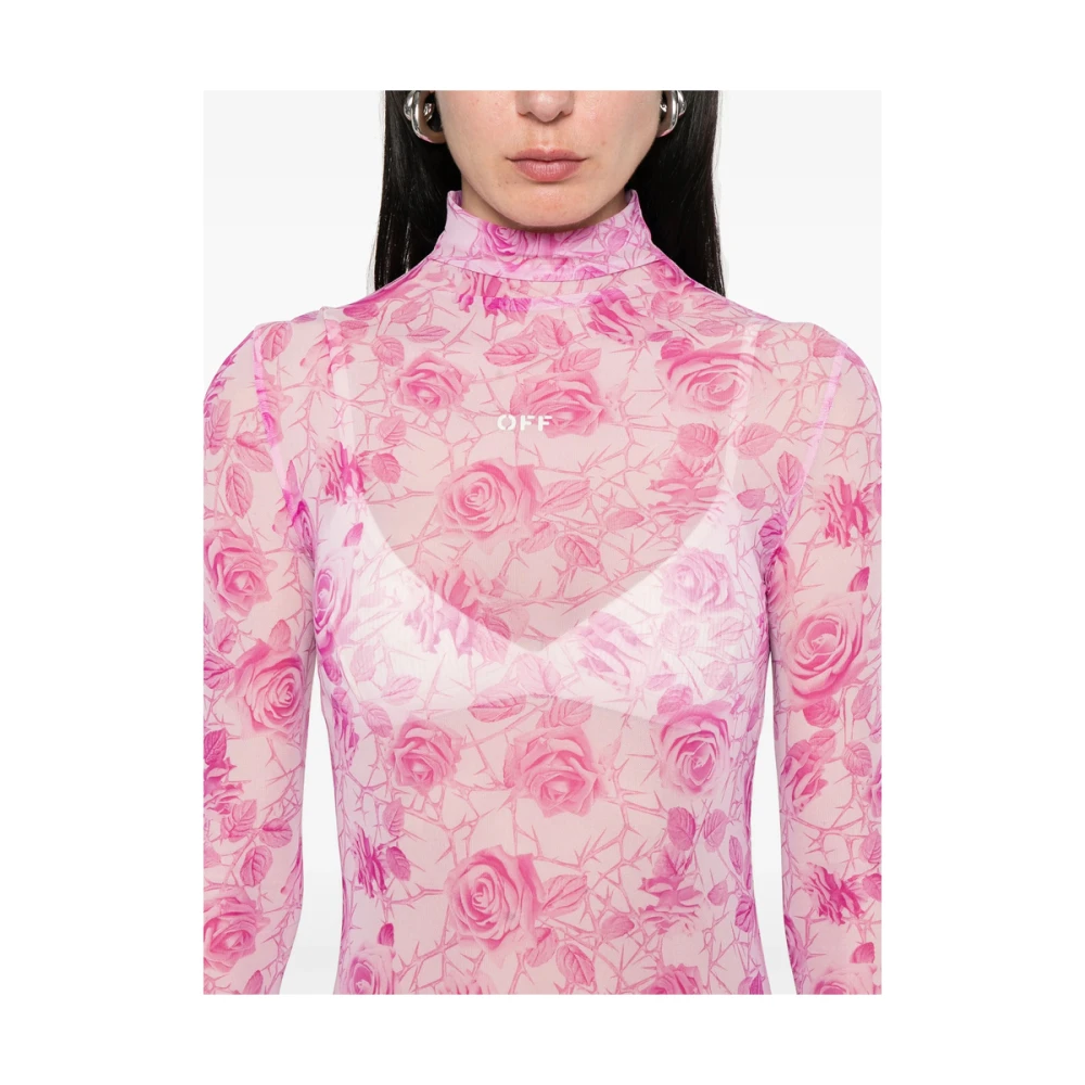 Off White Bloemenprint Mock Neck Jurk Pink Dames