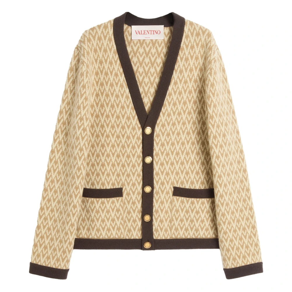 Valentino Garavani Beige Cardigans, Male, M, Wool Cardigan With Jacquard Motif