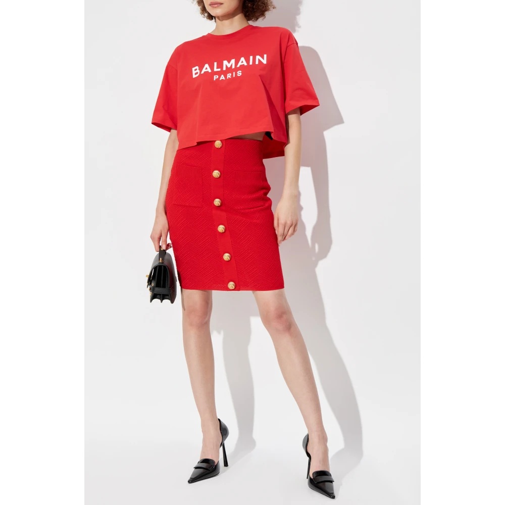 Balmain Korte T-shirt met bedrukt logo Red Dames
