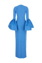 robe-longue-bleue-a-col-rond-avec-manches-bouffantes
