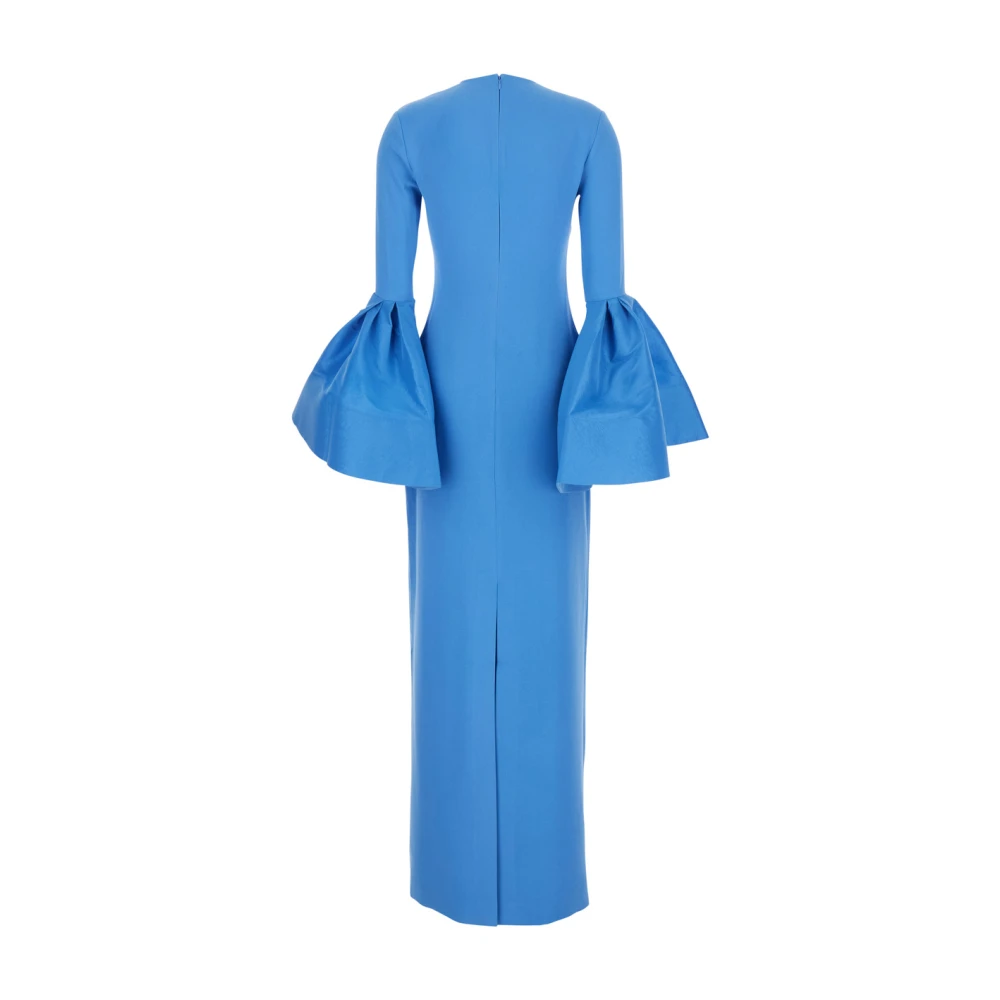 Solace London Blauwe Crewneck Lange Jurk met Puffed Mouwen Blue Dames