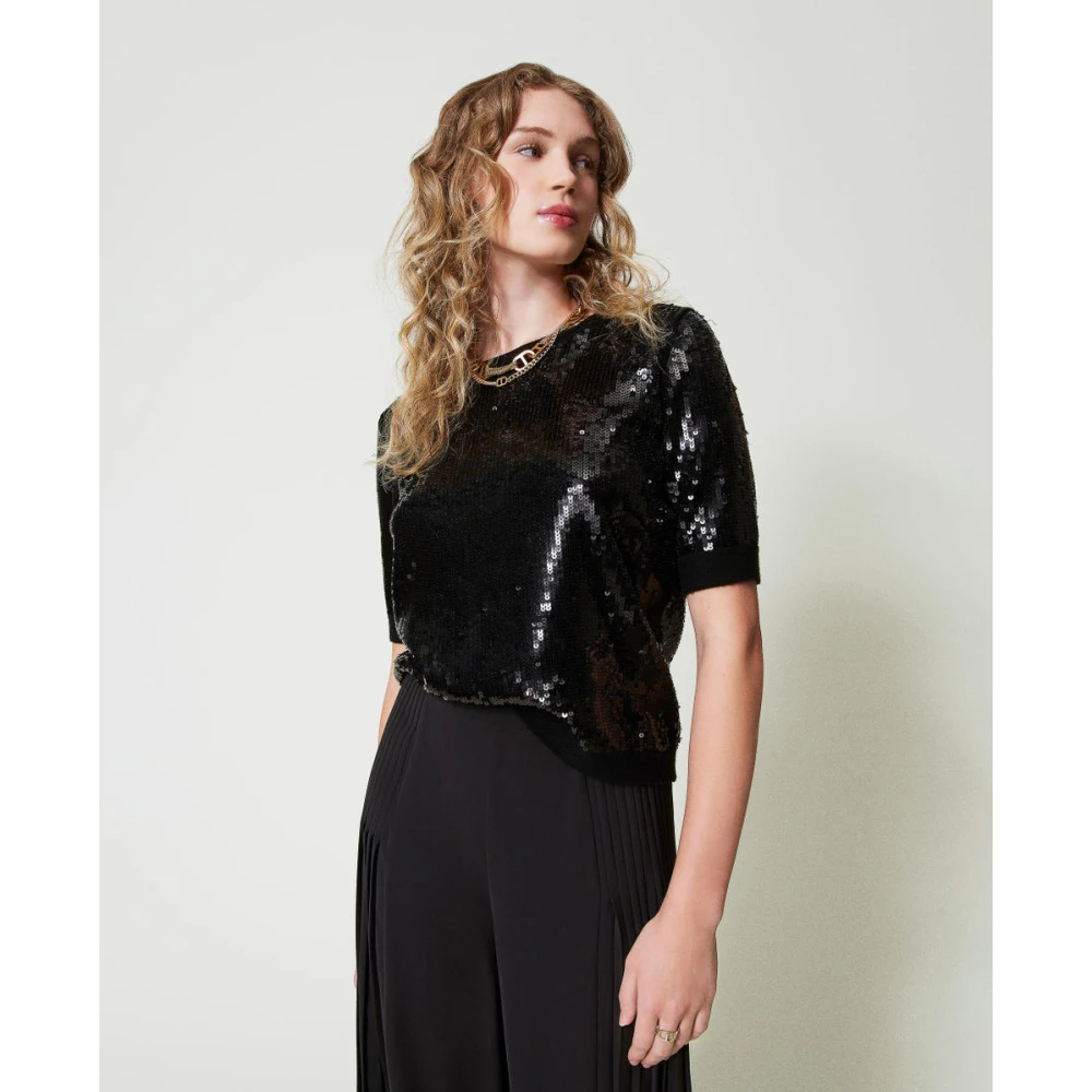Twinset Zwarte pailletten geborduurde wollen shirt Black Dames