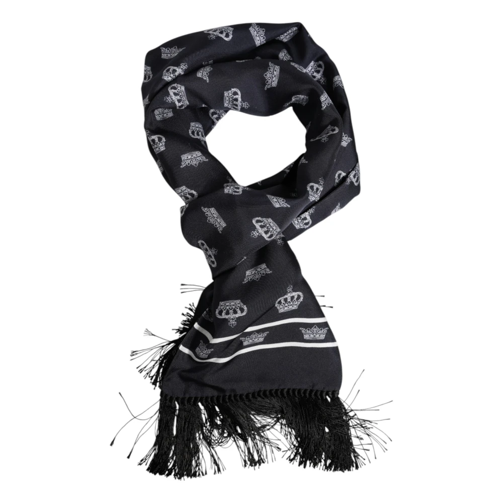 Dolce & Gabbana Unisex Black Silk Scarves, One Size, Silk Crown Fringes Men Scarf