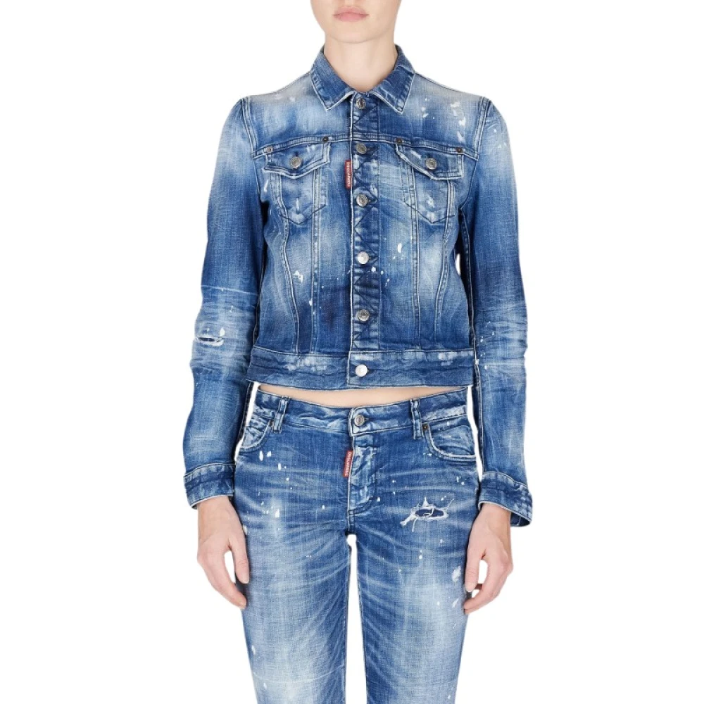 Dsquared2 Vintage Denim Jack met Italiaanse Kraag Blue Dames