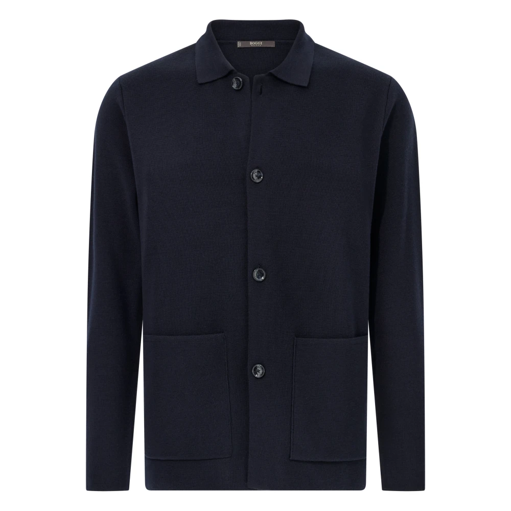 Boggi Milano Herren Blau Gestricktes Merinowoll-Overshirt