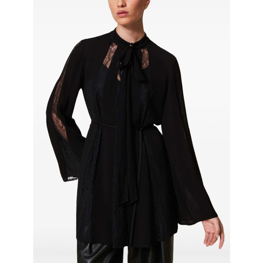 Twinset Zwarte Strik Kraag Jurk Wijd Uitlopende Manchetten Black Dames