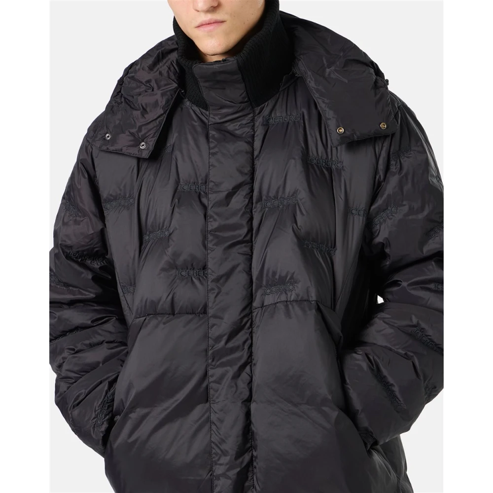 Iceberg Nylon lang donsjack met allover borduursel en centrale rits Black Heren