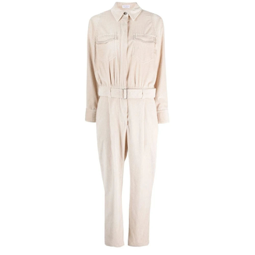 Brunello Cucinelli Beige Corduroy Jumpsuit med Bälte Beige, Dam