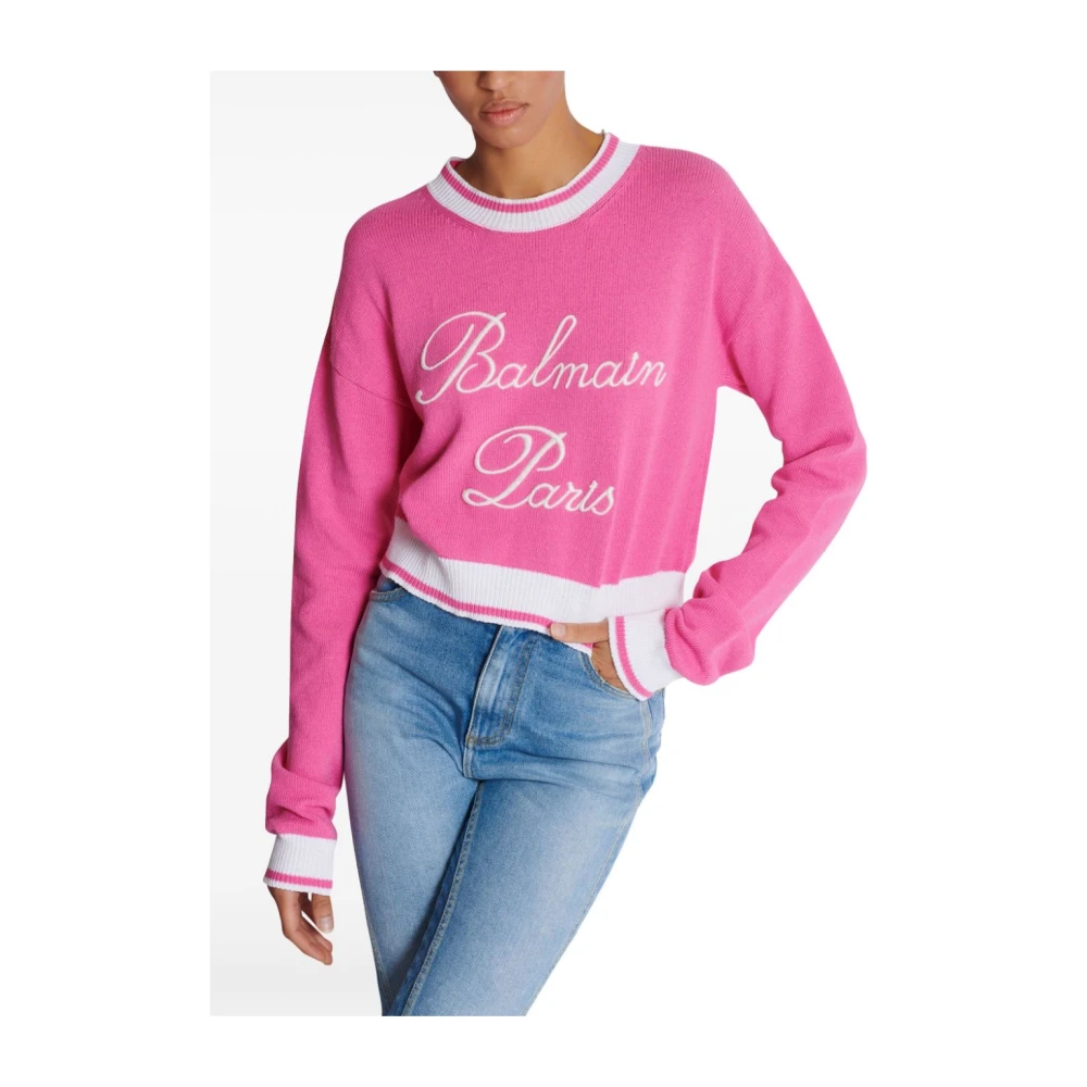Balmain Roze Gebreide Logo Trui Pink Dames