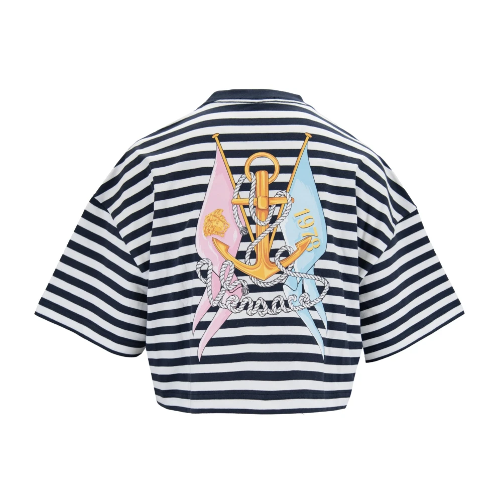 Versace Gestreepte Crop Top met Geborduurd Logo Blue Dames