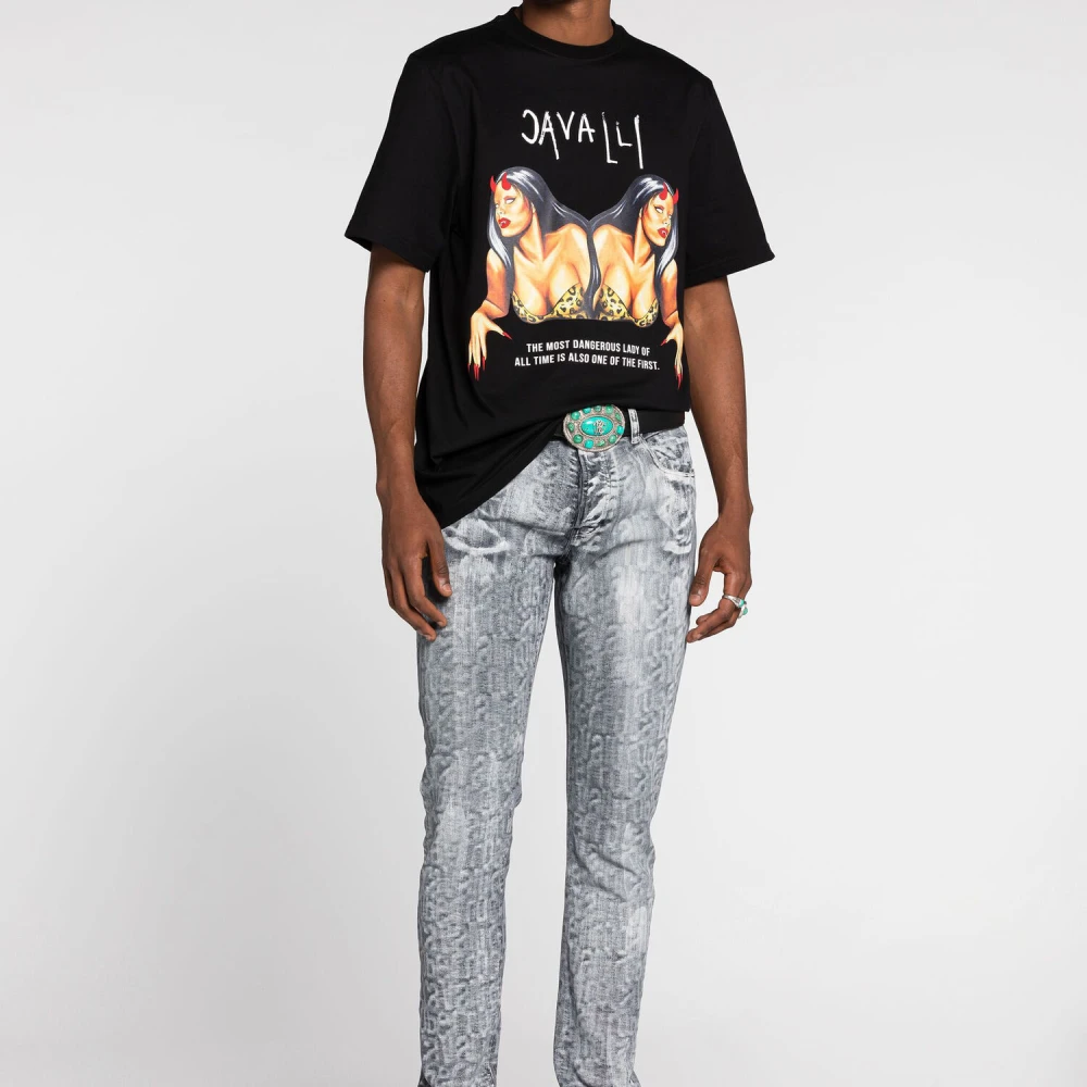 Roberto Cavalli Grafische T-shirt met Logo Prints Black Heren