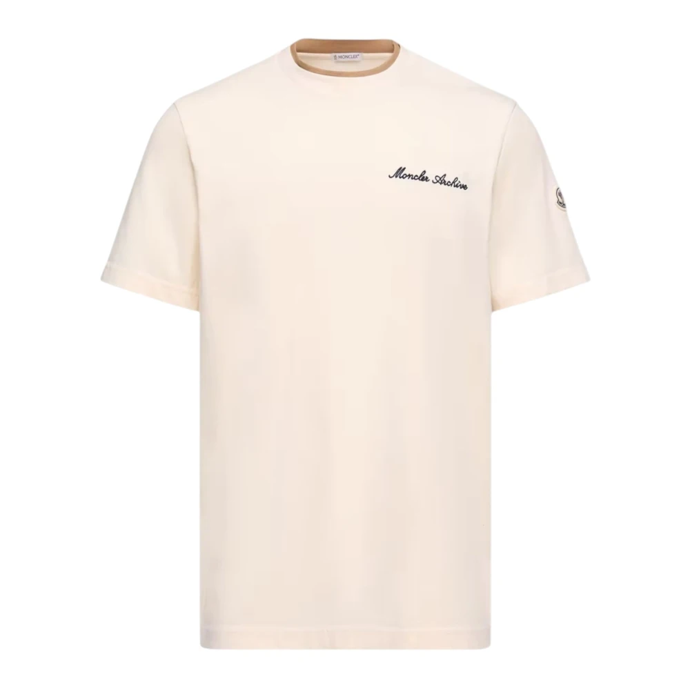 Moncler Men's Beige T-Shirts, S, Embroidered Logo Cotton T-Shirt