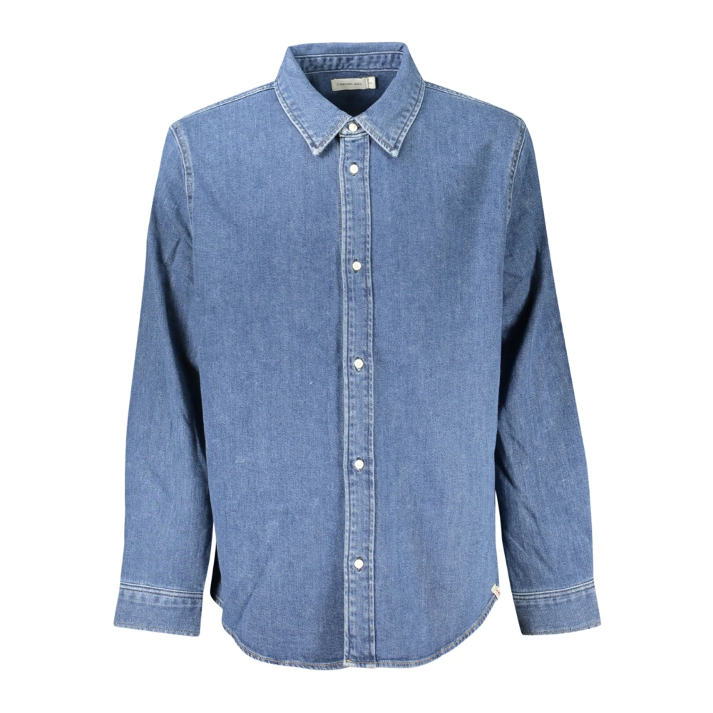Calvin Klein Blauw Denim Overhemd Italiaanse Kraag Blue Heren