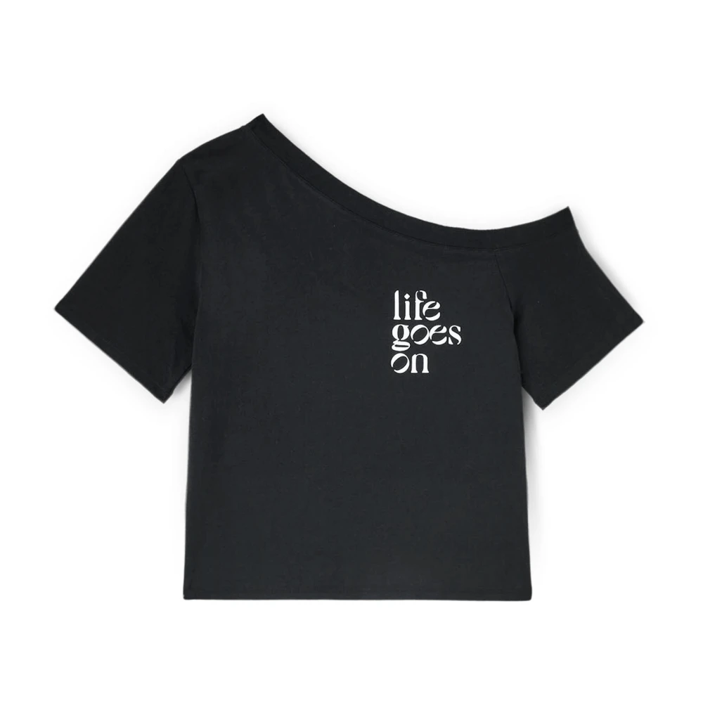 Motivi T-shirt met asymmetrische halslijn en logo Black Dames