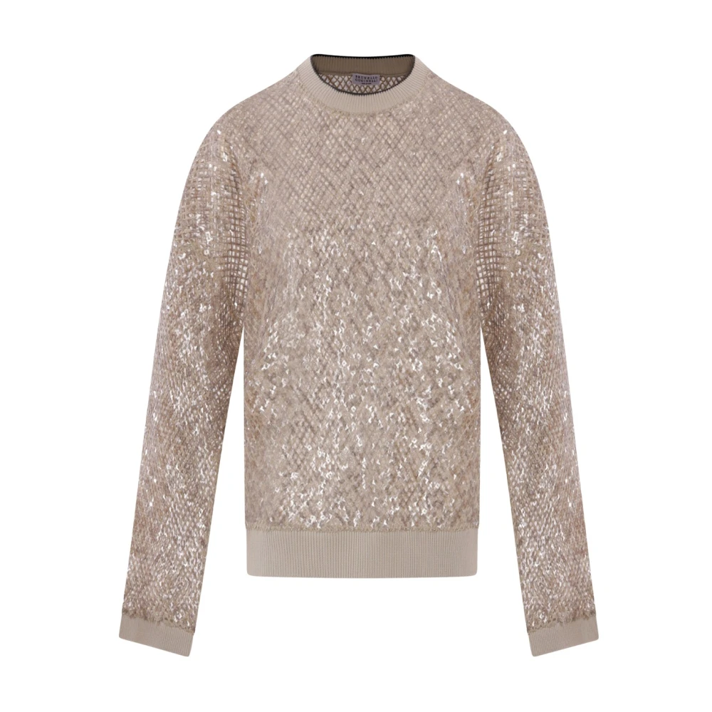 BRUNELLO CUCINELLI Paillet Linnen Zijde Beige Sweater Beige Dames