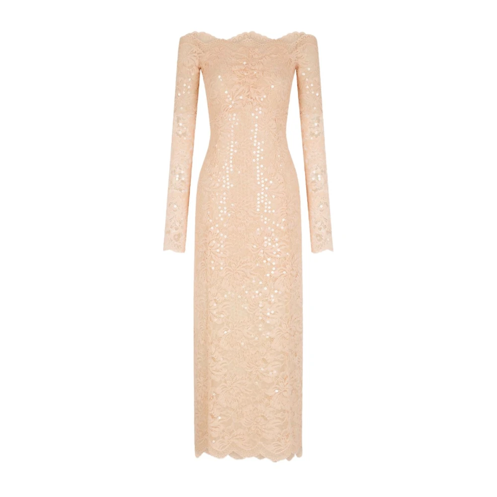 Rabanne Women's Beige Party Dresses, Xs, Midi Lace Dress With Rhinestones