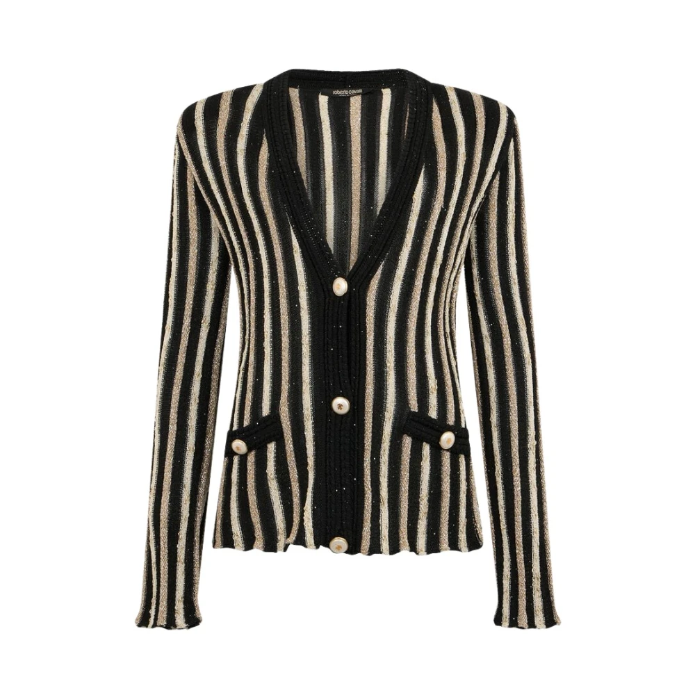 Roberto Cavalli Women's Black Cardigan With Laminated Stripes - Cardigans - M - Knitwear