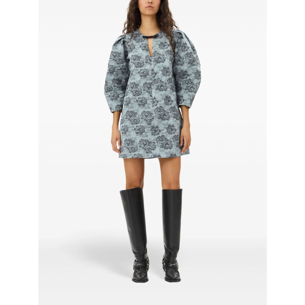 Ganni Blauwe Bloemen Korte Jurk Blue Dames