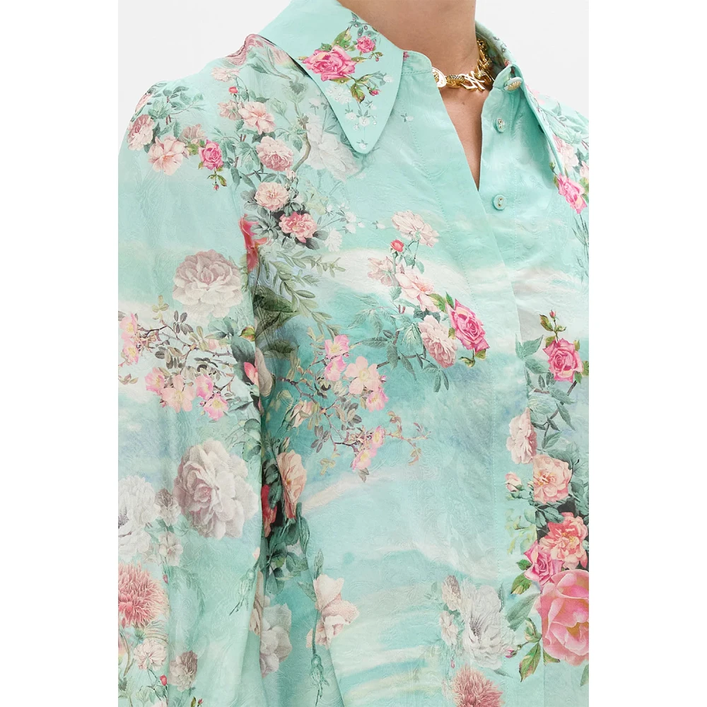Camilla Zijden blouse met gebogen kraag en kristalversiering Blue Dames