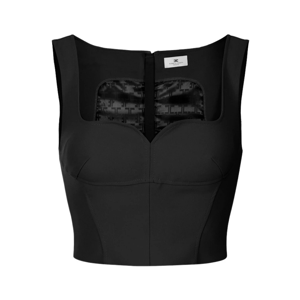 Elisabetta Franchi Women's Black Sleeveless Tops, L, Double Layer Stretch Crepe Top