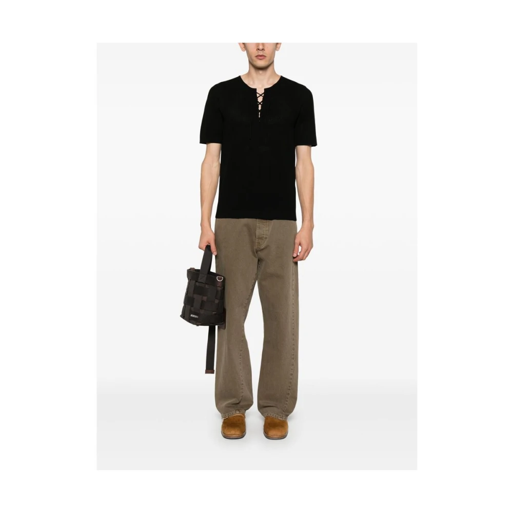Dries Van Noten Zwarte Lace-Up Korte Mouw Sweater Black Heren