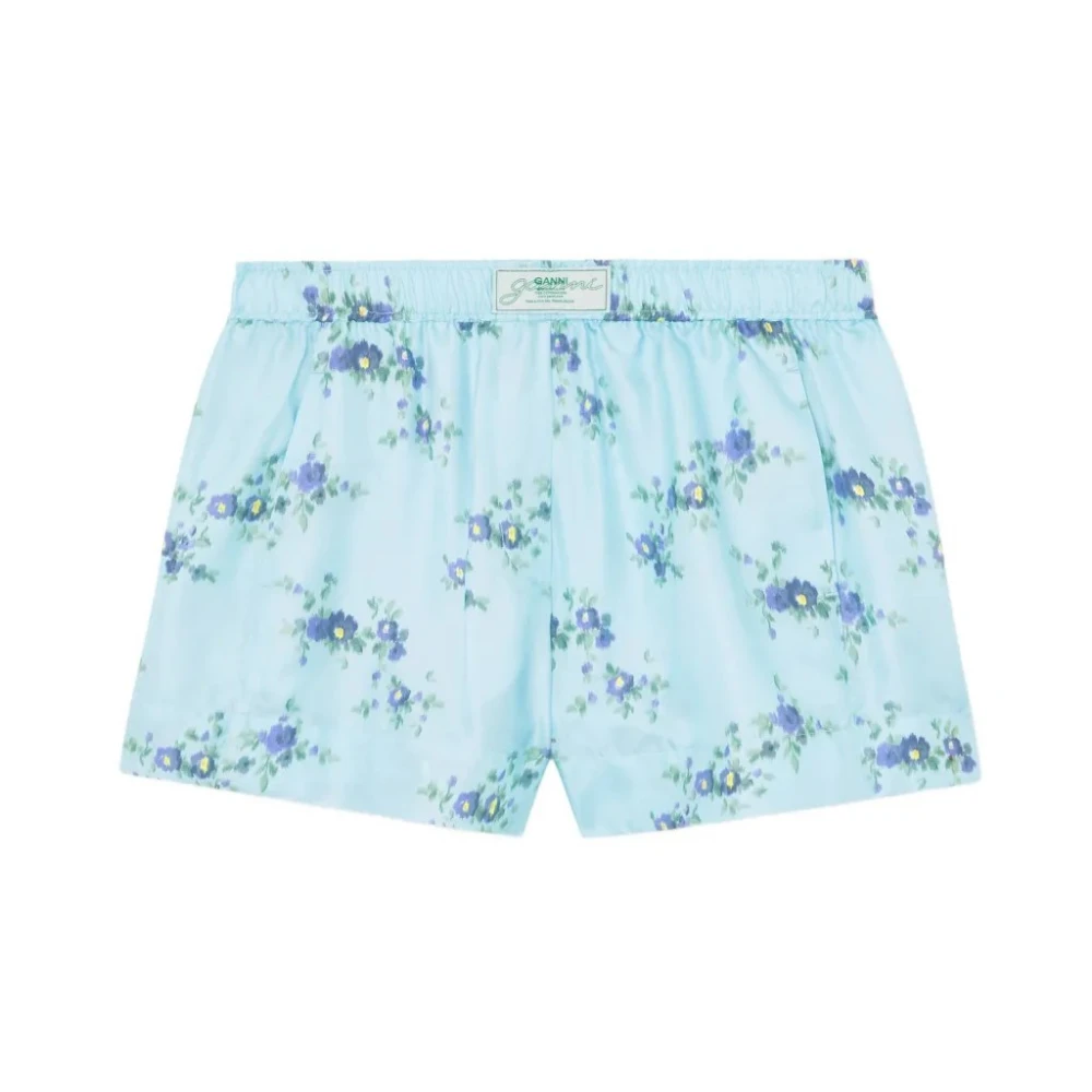 Ganni Blue Shorts In Printed Silk - Female - Short Shorts - M - Shorts