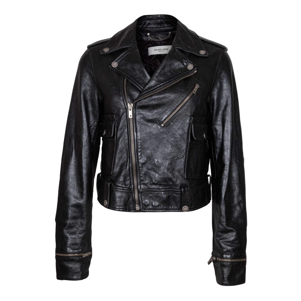 Golden Goose Zwarte leren motorjack glanzend effect Black Dames