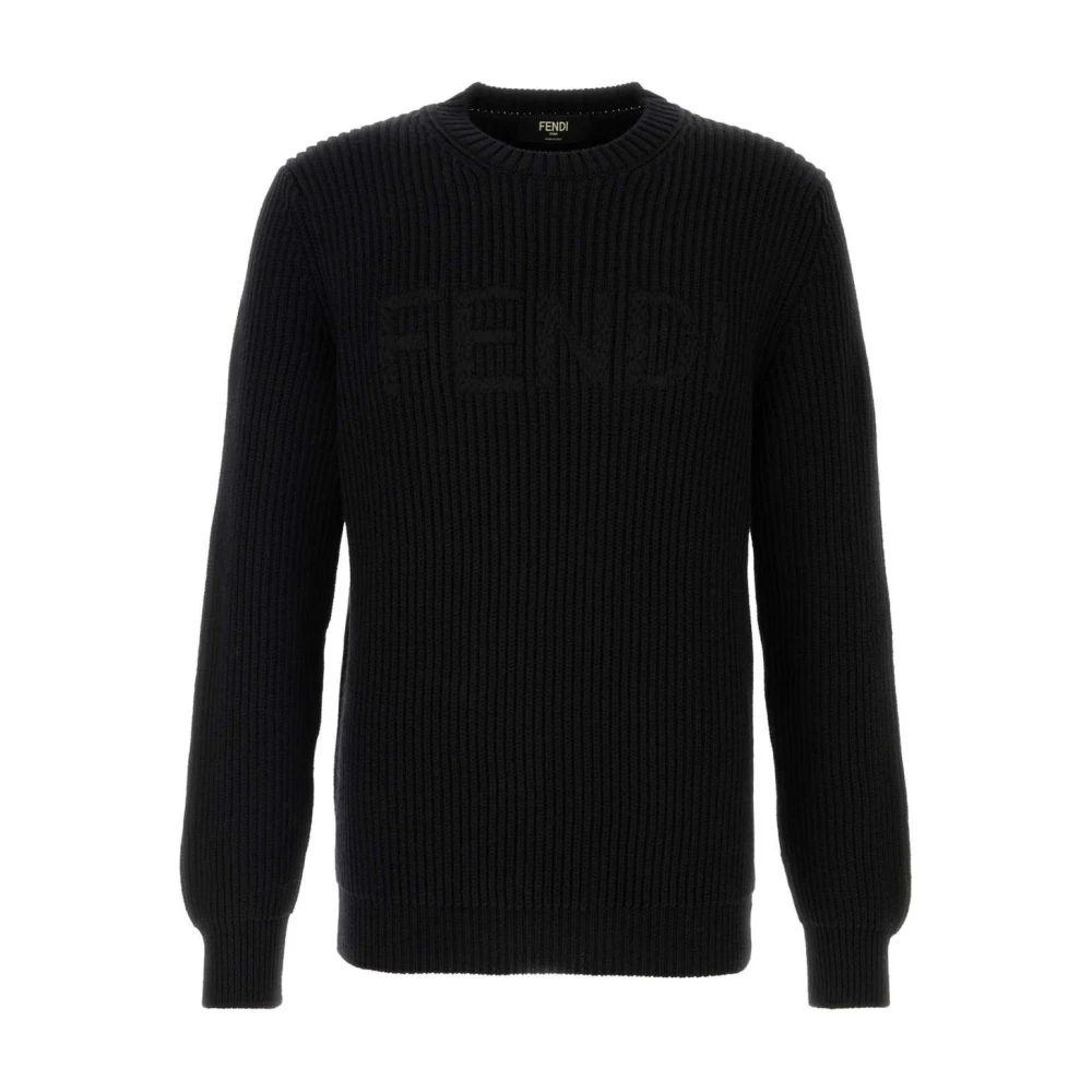 Fendi Svart Textured Logo Knit Sweater