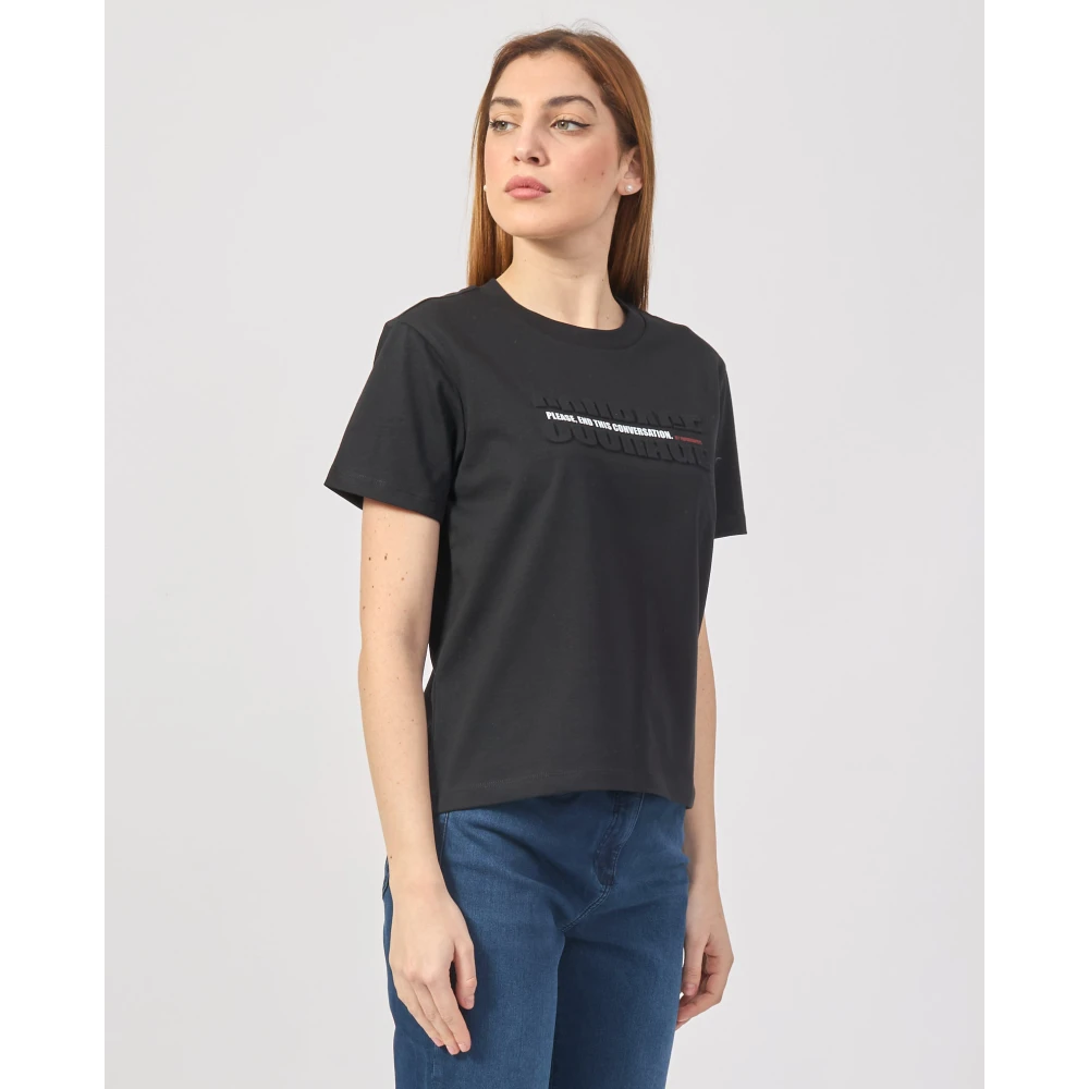 PATRIZIA PEPE Zwarte Katoenen T-shirt met Slogans Black Dames