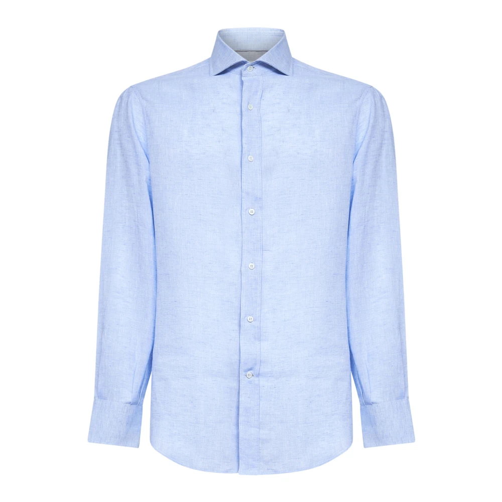 Brunello Cucinelli Blue Formal Shirts, Male, 2XL, Spread-Collar Linen Shirt