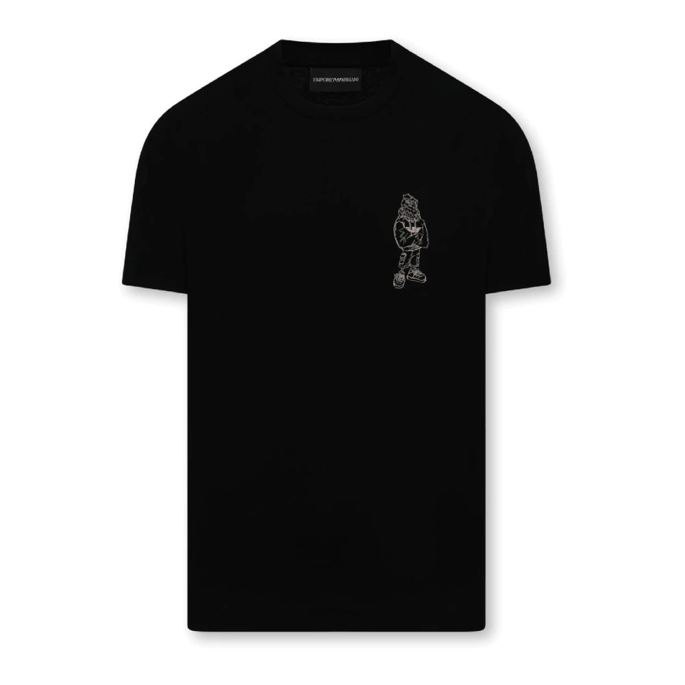 Emporio Armani Zwarte korte mouwen katoenen T-shirt met geborduurd adelaar cartoon logo Black Heren