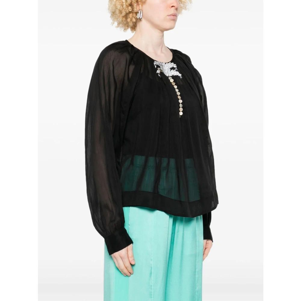 Forte Zwarte Blouse met Knoopmanchet en Keyhole Hals Black Dames