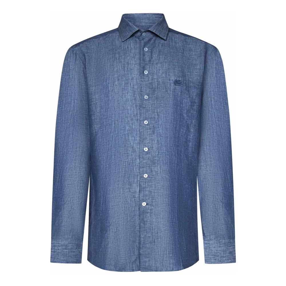 ETRO Blauw Linnen Overhemd met Italiaanse Kraag Blue Heren