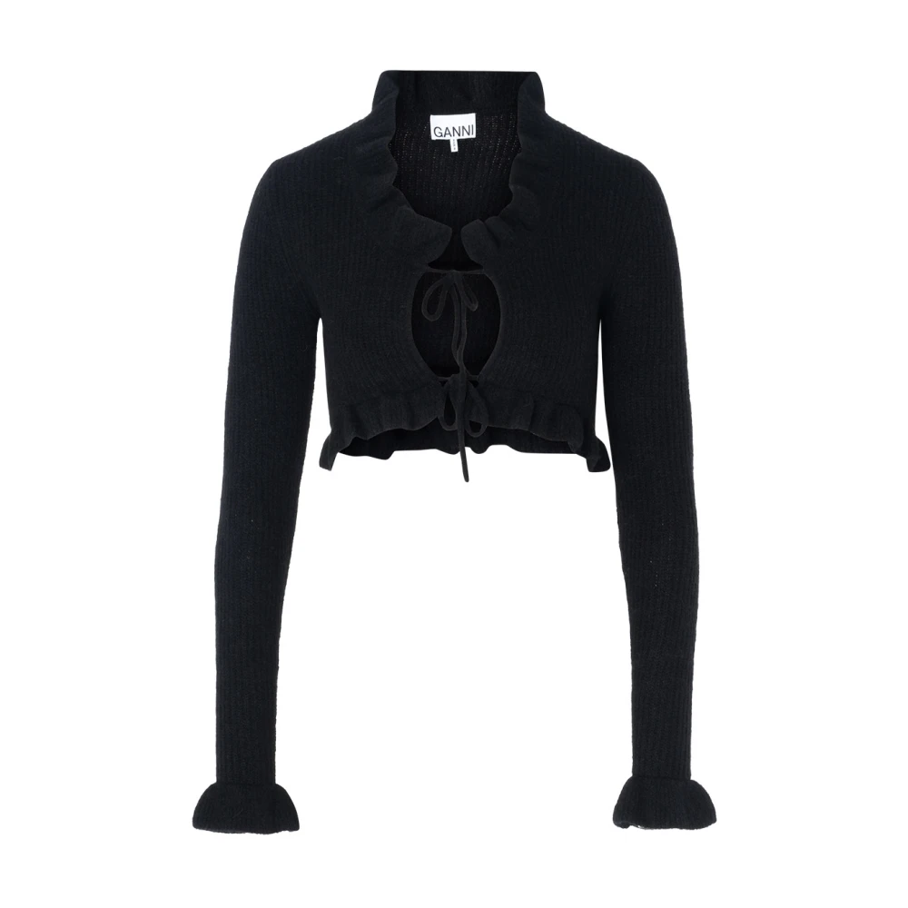 Ganni Zwarte Wol Crop Sweater met Ruffle Details Black Dames