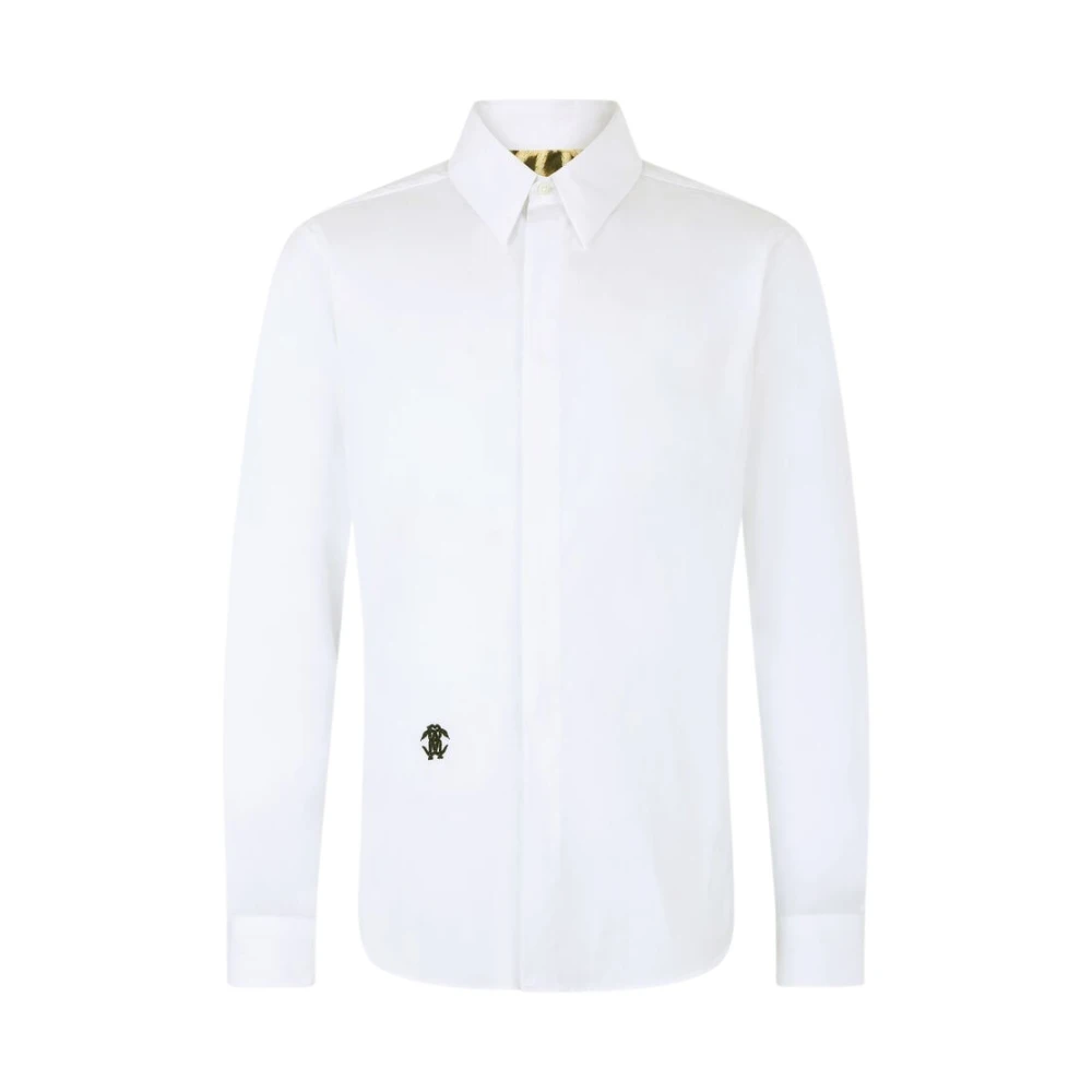 Roberto Cavalli Men's White Embroidered Cotton Shirt With Snake Monogram - Formal Shirts - L - Shirts