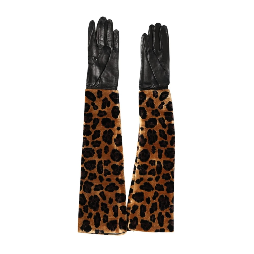 Dolce & Gabbana Women's Brown Leopard Leather Elbow Length Mitten Gloves
